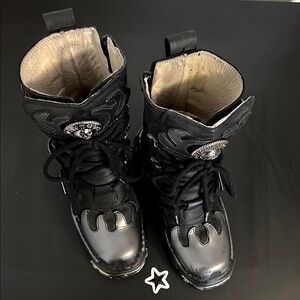New Rock Reactor Black and Silvery Grey Flame Leather Zip-Up Combat Boots